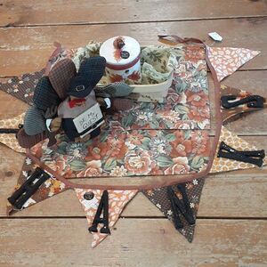 6 pc rustic farmhouse autumn placemats, bun basket, acorn candle "Thanks" bundle